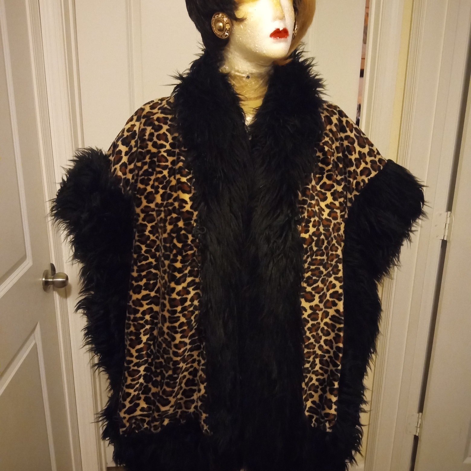 Leopard Print Poncho With Black Fur Trim